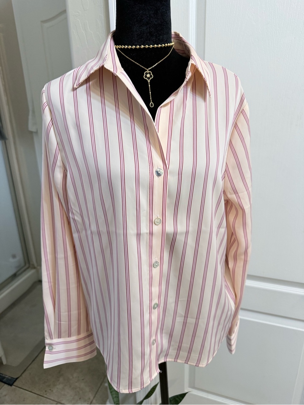 Rachel Zoe Blush and Burgundy Striped Button-Up Blouse Size M